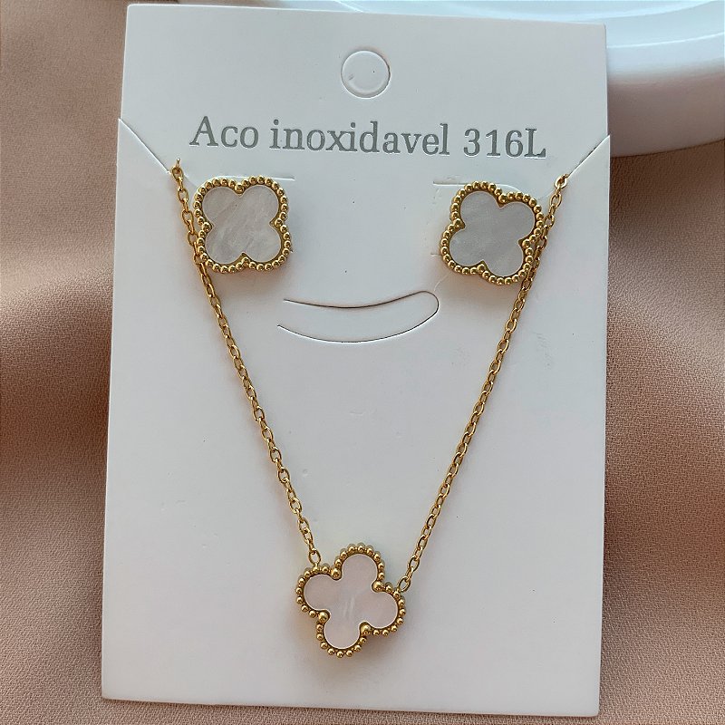 COLAR E BRINCO KIT TREVO RESINADO DOURADO AÇO 316L⭐️
