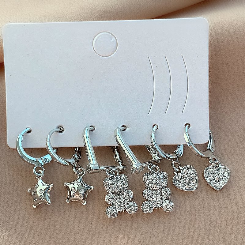 BRINCO KIT ARGOLINHAS FORMATOS URSINHO ZIRCÔNIAS GIOVANA PRATEADO BIJU