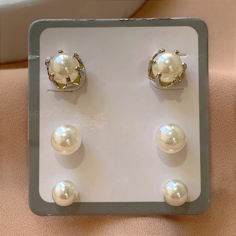 BRINCO KIT PÉROLAS HIPOALERGÊNICO FOLHEADO A RÓDIO⭐️