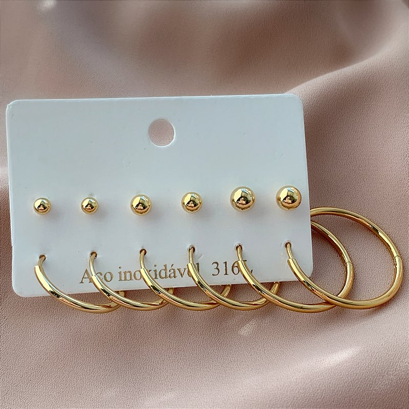 BRINCO KIT ARGOLAS E BOLINHAS DOURADO AÇO 316L⭐️