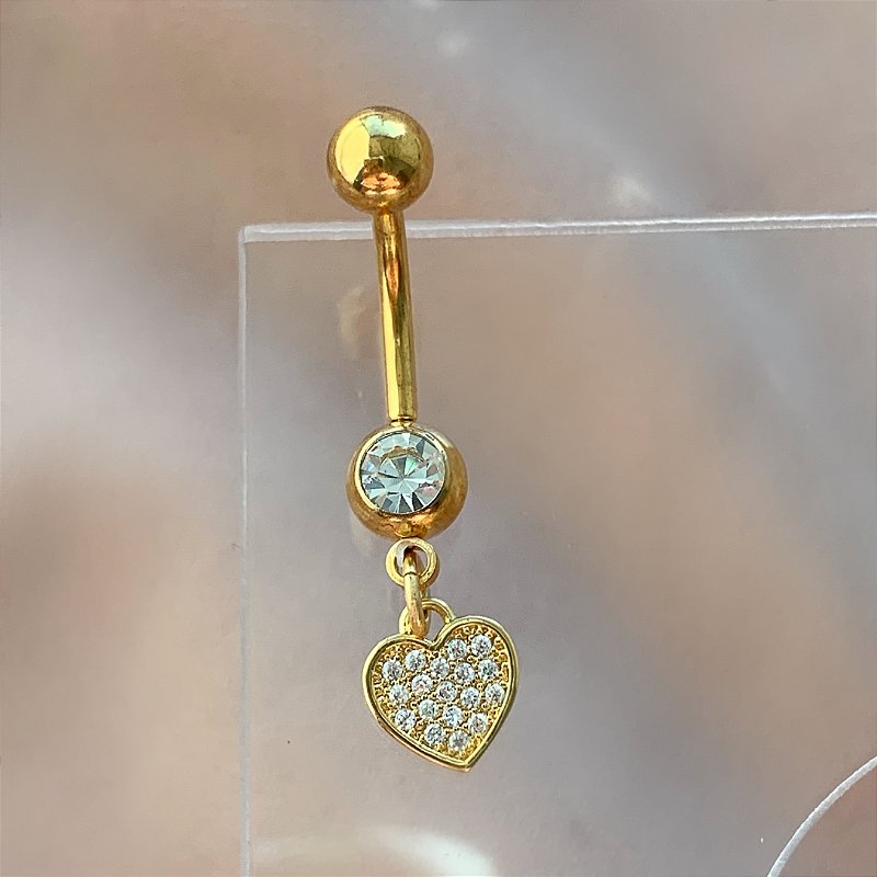PIERCING UMBIGO CORAÇÃO PENDENTE ZIRCÔNIAS HASTE AÇO 316L 10MM FOLHEADO A OURO 18K SEMIJOIA PARA ATUALIZAÇÃO⭐️