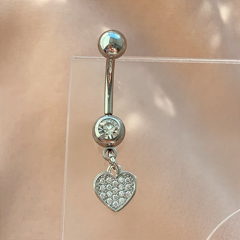 PIERCING UMBIGO CORAÇÃO PENDENTE ZIRCÔNIAS HASTE AÇO 316L 10MM FOLHEADO A RÓDIO SEMIJOIA PARA ATUALIZAÇÃO⭐️