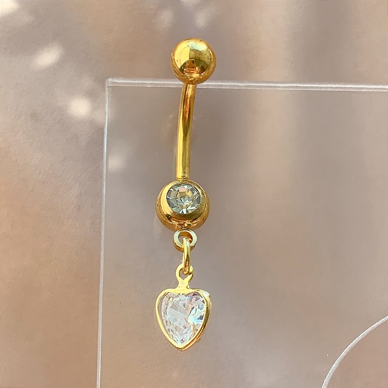 PIERCING UMBIGO CORAÇÃO PEDRA ZIRCÔNIA 10MM HASTE AÇO 316L FOLHEADO A OURO 18K SEMIJOIA PARA ATUALIZAÇÃO⭐️