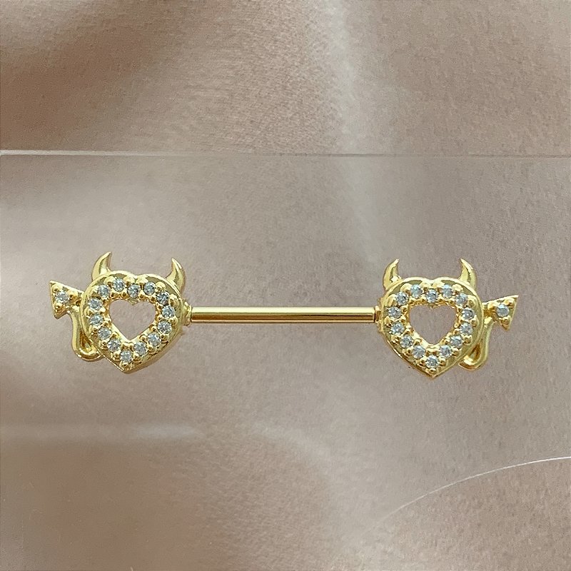 PIERCING MAMILO CORAÇÃO DIABINHO ZIRCÔNIAS 14MM HASTE AÇO 316L FOLHEADO A OURO 18K SEMIJOIA PARA ATUALIZAÇÃO⭐️