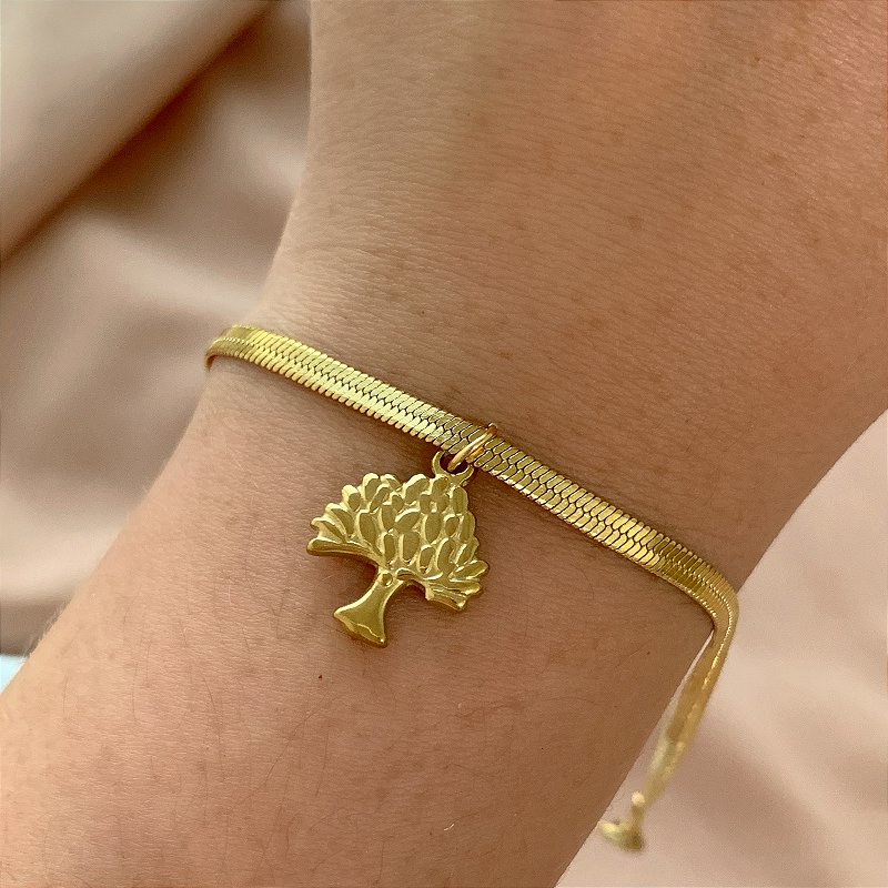 PULSEIRA FITA FINA PINGENTE ÁRVORE DOURADO AÇO 316L⭐️
