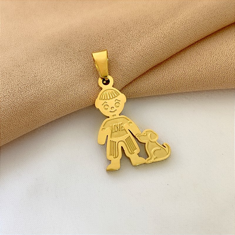 PINGENTE MENINO E CACHORRO DOURADO AÇO 316L⭐️