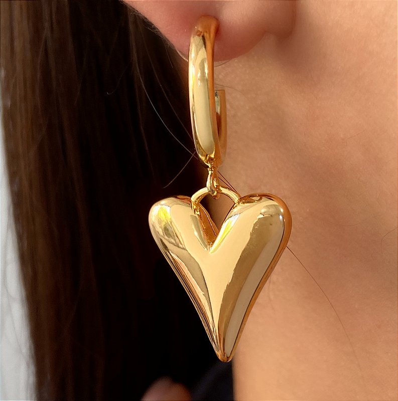 BRINCO ARGOLA CORAÇÃO PINGENTE LISO BIJU