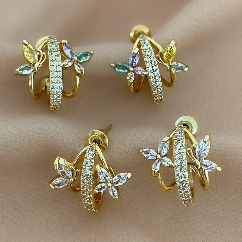BRINCO ARGOLA TRÊS FIOS BORBOLETAS ZIRCÔNIAS DOURADO BIJU