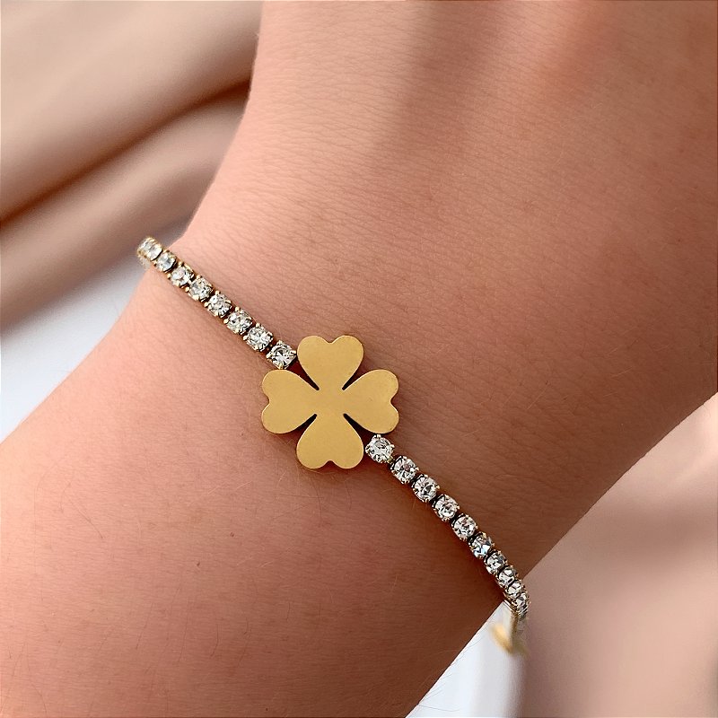 PULSEIRA FIO ZIRCÔNIAS TREVO LISO DOURADO AÇO 316L⭐️