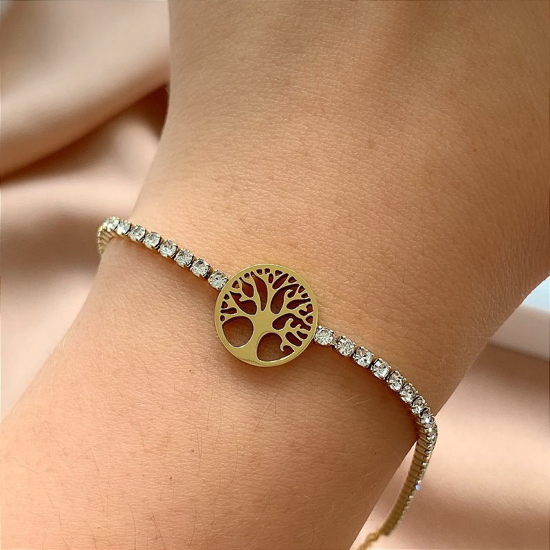 PULSEIRA FIO ZIRCÔNIAS ÁRVORE DA VIDA LISO DOURADO AÇO 316L⭐️