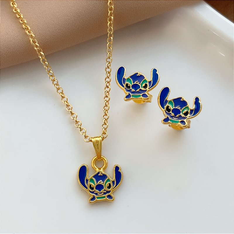 COLAR E BRINCO KIT INFANTIL STITCH FOLHEADO A OURO 18K⭐
