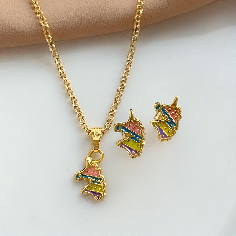 COLAR E BRINCO KIT INFANTIL UNICÓRNIO COLOR FOLHEADO A OURO 18K⭐