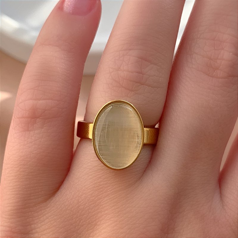 ANEL PEDRA OLHO DE GATO OVAL DOURADO AÇO 316L⭐️