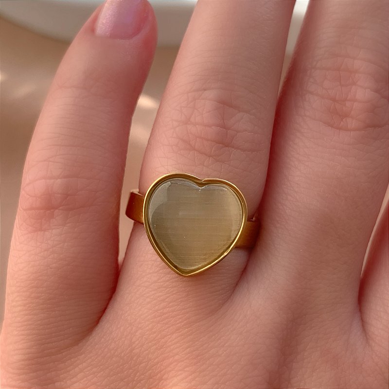 ANEL PEDRA OLHO DE GATO CORAÇÃO DOURADO AÇO 316L⭐️