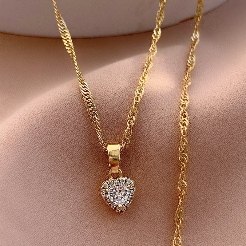 COLAR CORAÇÃO PEDRA E BORDA ZIRCÔNIAS FOLHEADO A OURO 18K⭐️