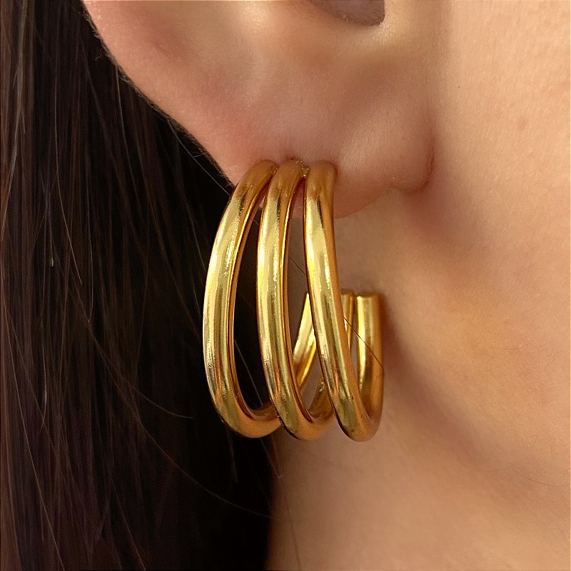 BRINCO ARGOLA TUBO TRÊS FIOS FINOS RETOS M DOURADO AÇO 316L⭐️