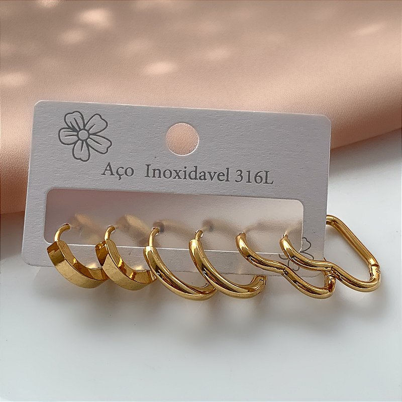 BRINCO KIT ARGOLINHAS FORMATOS SOFIA DOURADO AÇO 316L⭐️