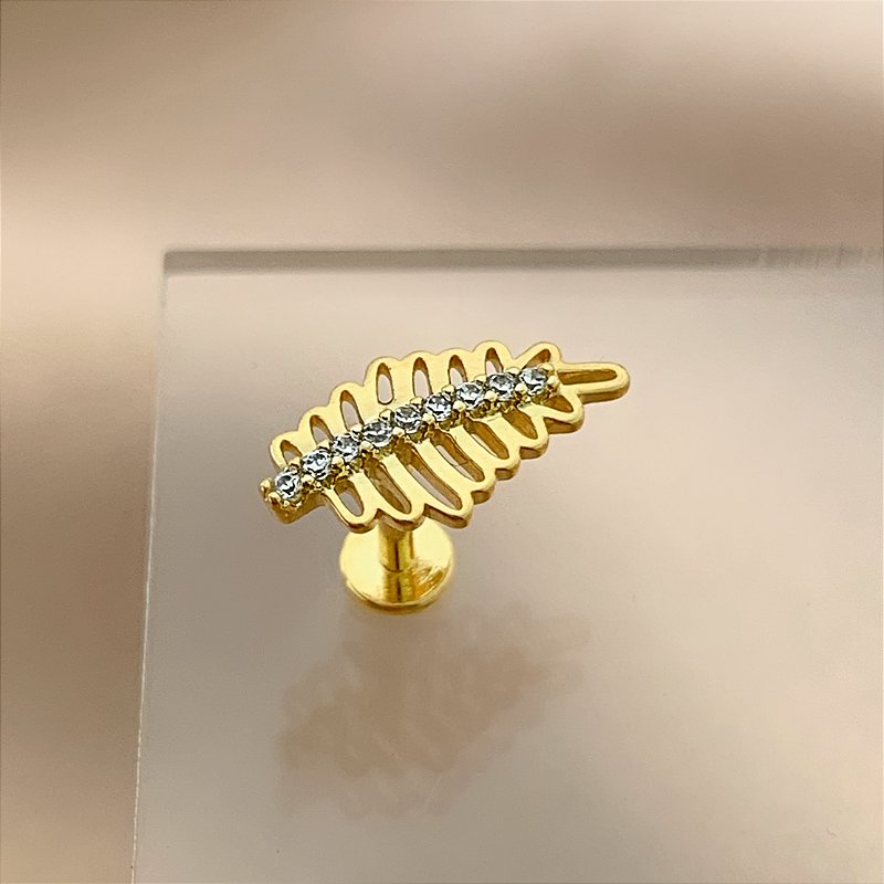 PIERCING CARTILAGEM/TRÁGUS HASTE AÇO 316L FOLHA DETALHE ZIRCÔNIAS 6MM FOLHEADO A OURO 18K SEMIJOIA PARA ATUALIZAÇÃO⭐️