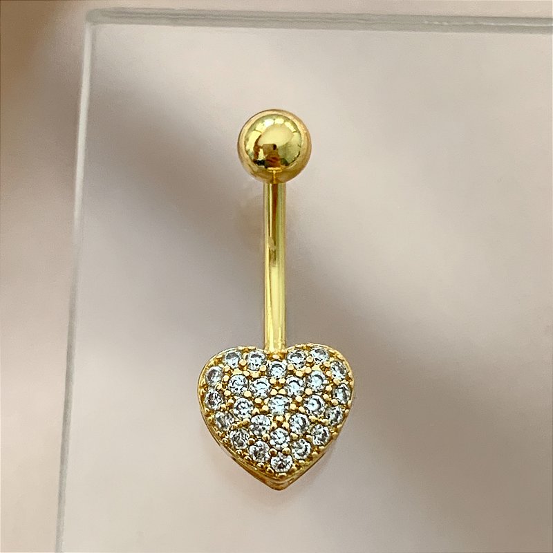 PIERCING UMBIGO CORAÇÃO CRAVEJADO ZIRCÔNIAS 10MM HASTE AÇO 316L FOLHEADO A OURO 18K SEMIJOIA PARA ATUALIZAÇÃO⭐️
