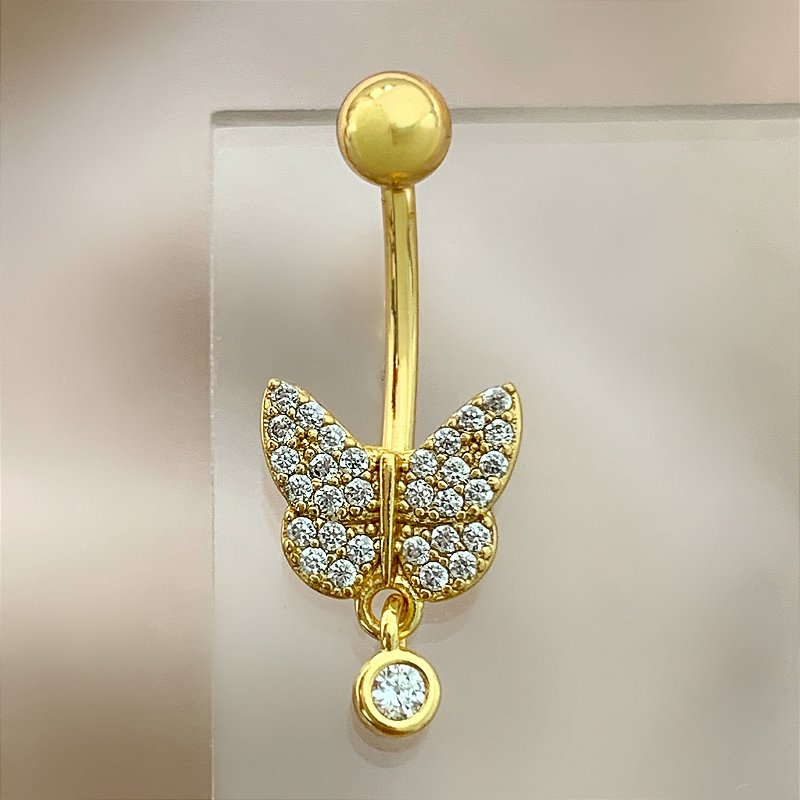 PIERCING UMBIGO BORBOLETA PINGENTE ZIRCÔNIA 10MM HASTE AÇO 316L FOLHEADO A OURO 18K SEMIJOIA PARA ATUALIZAÇÃO⭐️