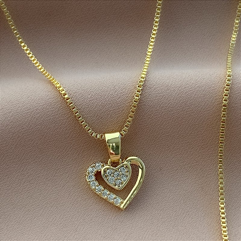 COLAR CORAÇÃO DUPLO ZIRCÔNIAS FOLHEADO A OURO 18K⭐️