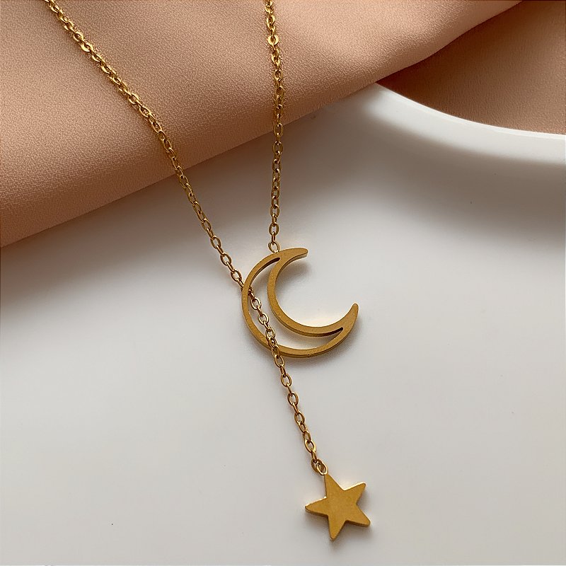 COLAR GRAVATINHA LUA E ESTRELA DOURADO AÇO 316L⭐️