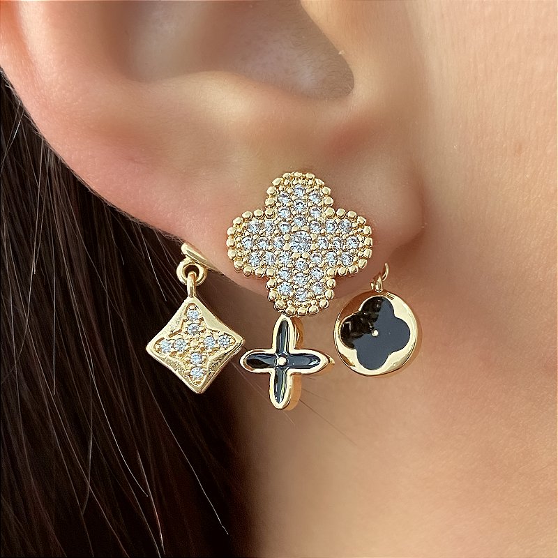 BRINCO EAR JACKET TREVO ZIRCÔNIAS DOURADO BIJU