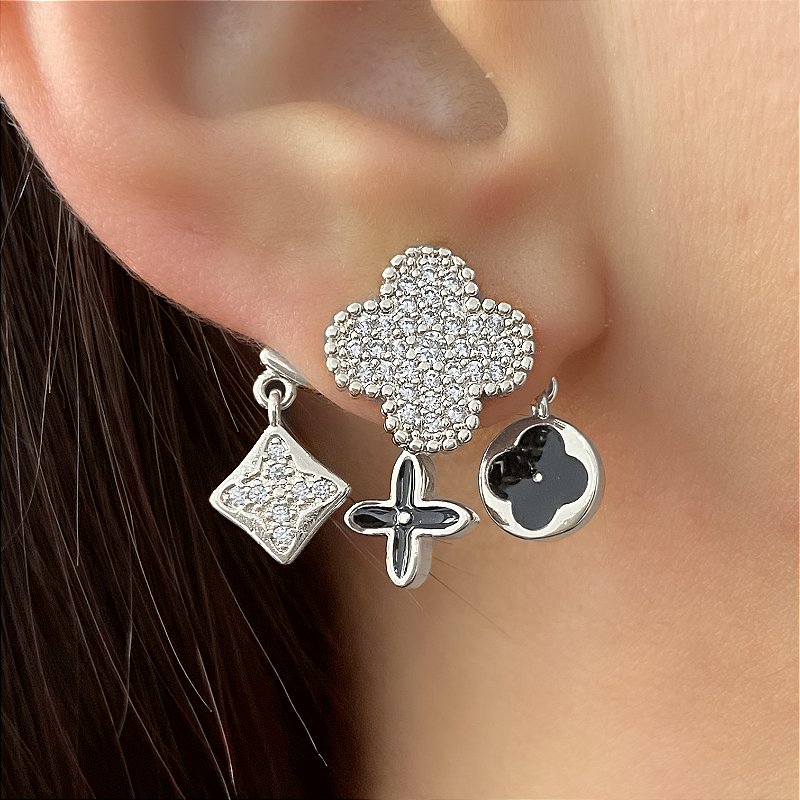 BRINCO EAR JACKET TREVO ZIRCÔNIAS PRATEADO BIJU