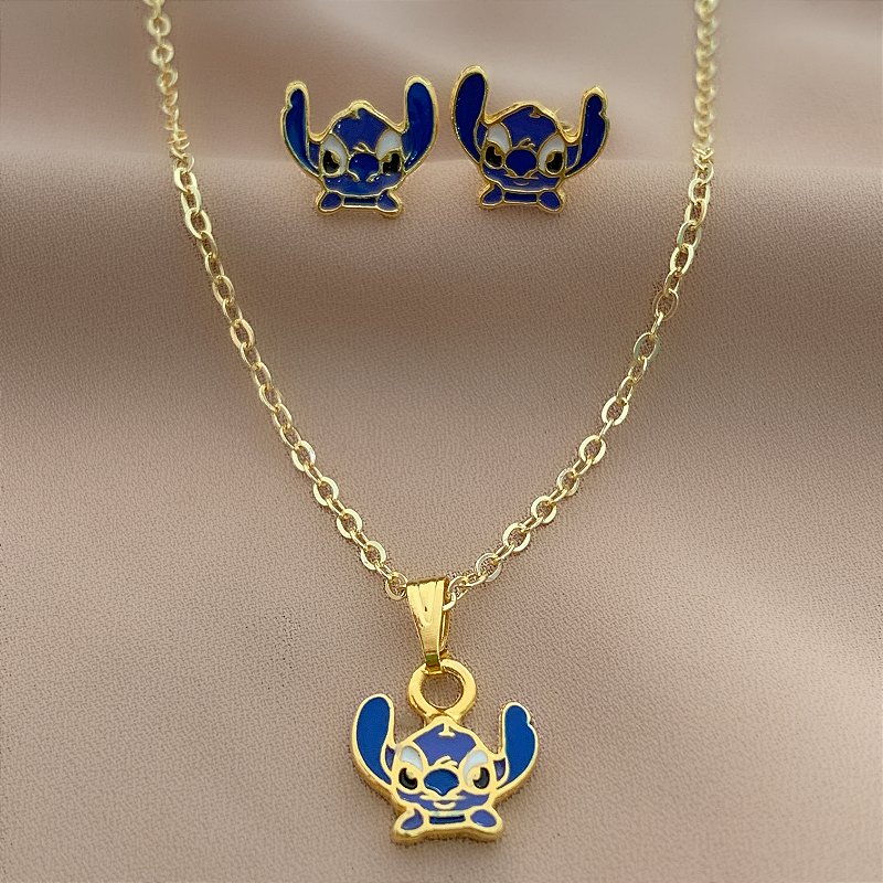 COLAR E BRINCO KIT INFANTIL STITCH FOLHEADO A OURO 18K⭐