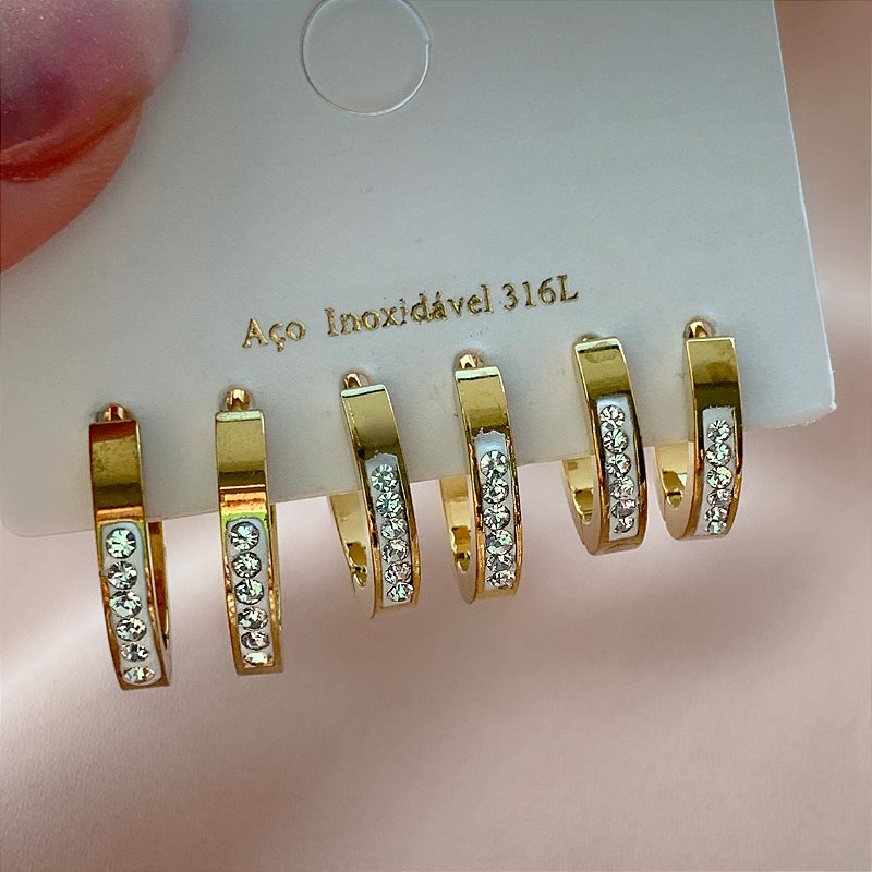 BRINCO KIT ARGOLINHAS BORDAS RETAS FILEIRAS ZIRCÔNIAS DOURADO AÇO 316L⭐️
