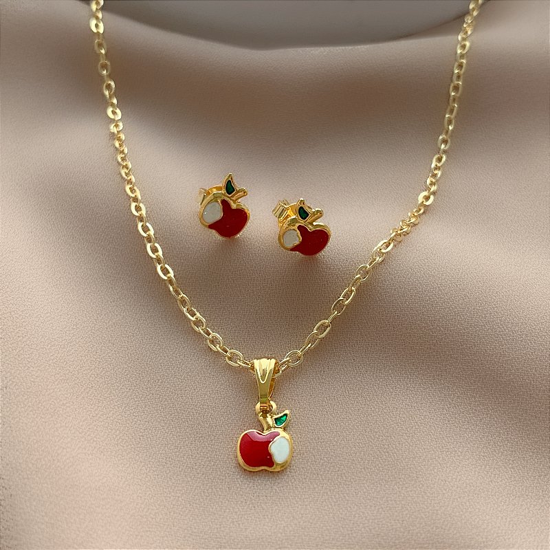 COLAR E BRINCO KIT INFANTIL MAÇA FOLHEADO A OURO 18K⭐