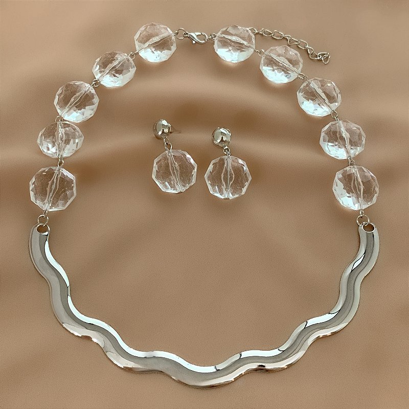 COLAR E BRINCO KIT FIO ONDULADO PEDRAS CRISTAIS BIJU