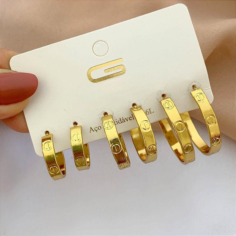 BRINCO KIT ARGOLAS DESENHADAS DOURADO AÇO 316L⭐️