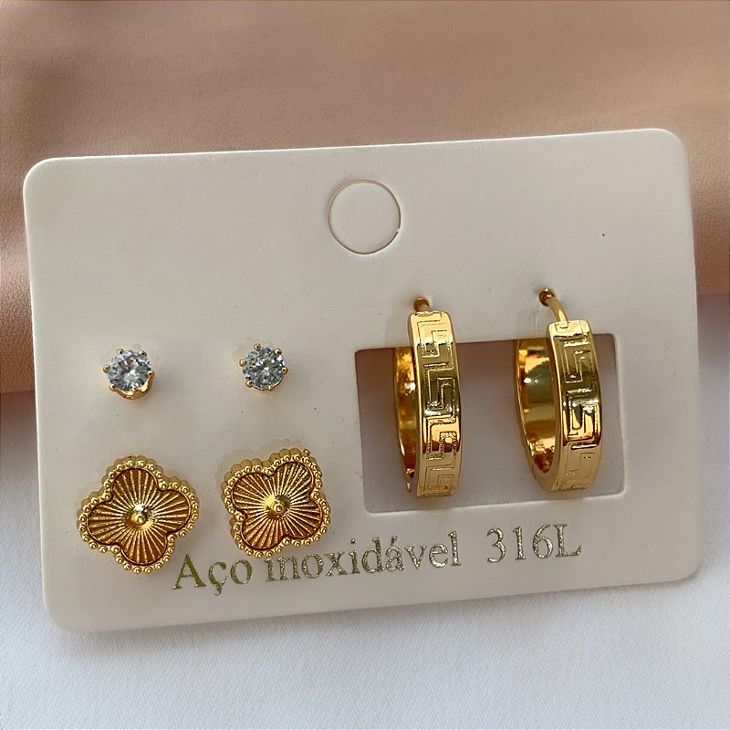 BRINCO KIT ARGOLA DESENHADA, TREVO E ZIRCÔNIAS DOURADO AÇO 316L⭐️