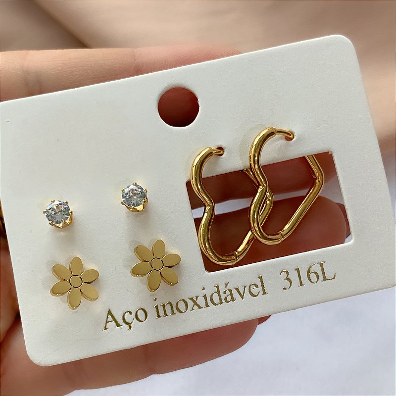 BRINCO KIT ARGOLA CORAÇÃO, FLOR E ZIRCÔNIA DOURADO AÇO 316L⭐️
