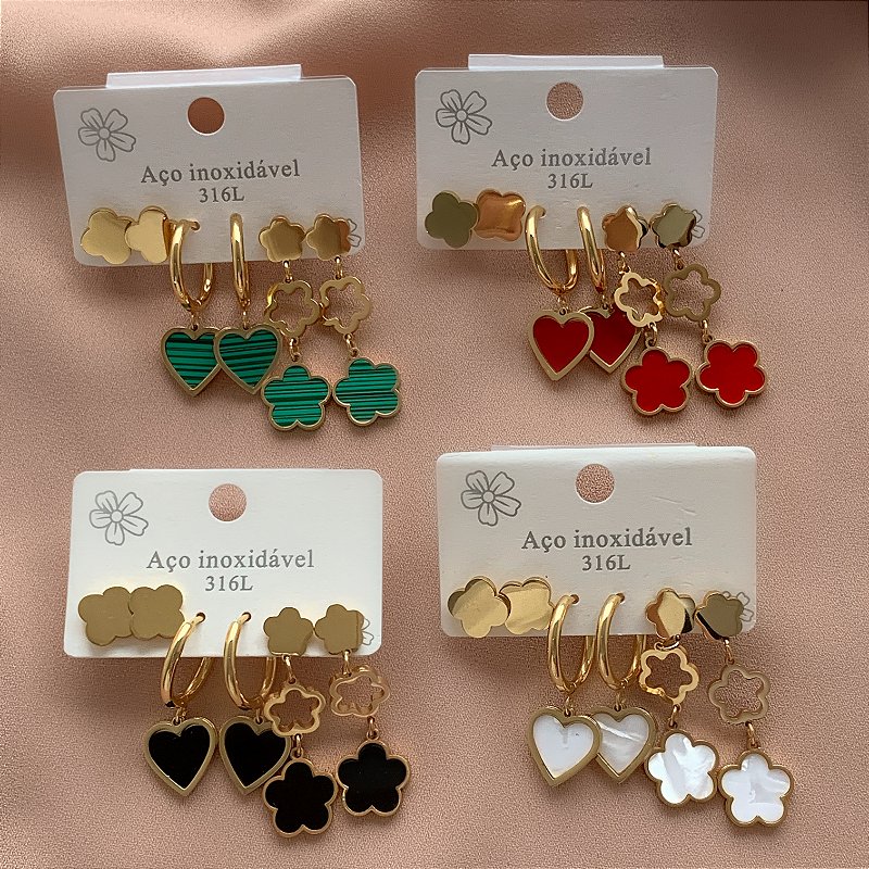 BRINCO KIT ARGOLINHAS TREVO VAZADO E CORAÇÃO RESINADO DOURADO AÇO 316L⭐️