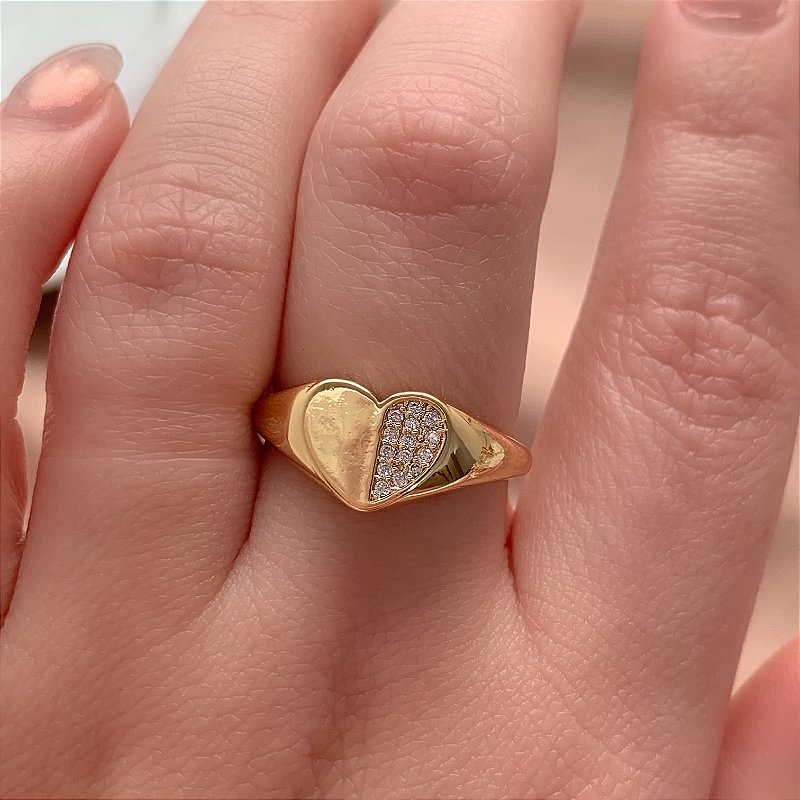 ANEL CORAÇÃO METADE ZIRCÔNIAS DOURADO BIJU