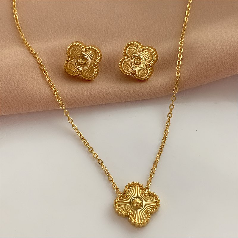COLAR E BRINCO KIT TREVO TEXTURIZADO DOURADO AÇO 316L⭐️