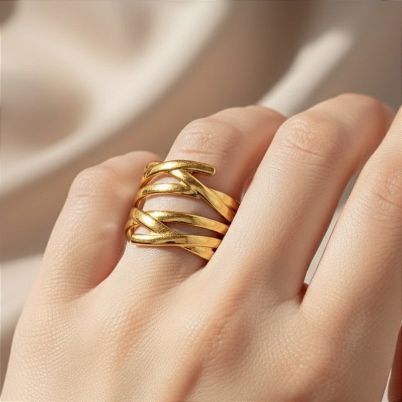 ANEL REGULÁVEL FIOS ENTRELAÇADOS DOURADO AÇO 316L PREMIUM⭐️