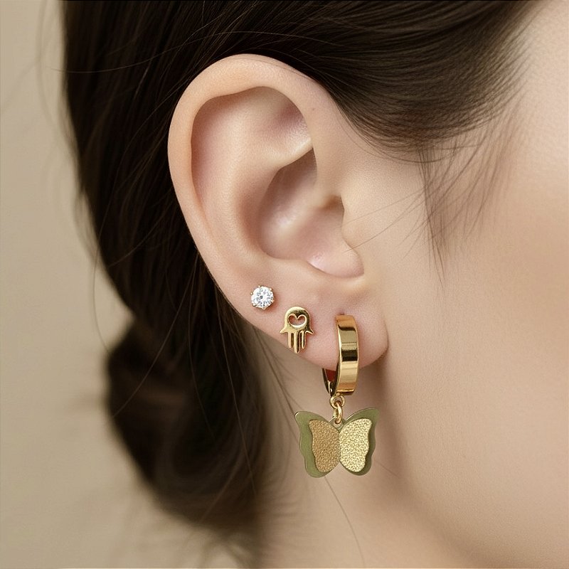 BRINCO KIT BORBOLETA, MÃO DE FÁTIMA E ZIRCÔNIA AÇO 316L⭐️