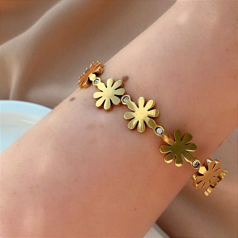 PULSEIRA / BRACELETE FLORZINHAS E ZIRCÔNIAS DOURADO AÇO 316L⭐️