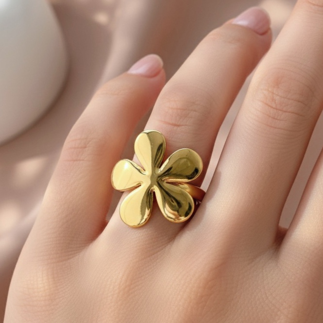 ANEL REGULÁVEL FLOR LISA DOURADO AÇO 316L⭐️