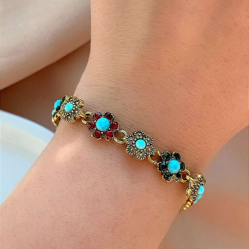 PULSEIRA FLORZINHAS DESENHADAS PEDRAS BOHO BIJU