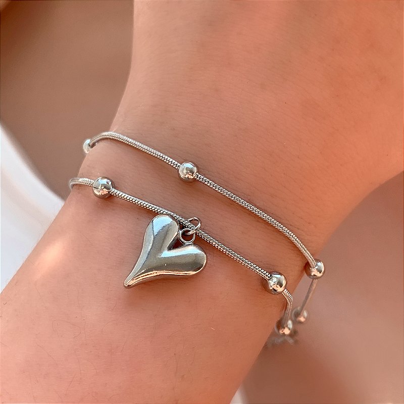 PULSEIRA RABO DE RATO FIO DUPLO BOLINHA E CORAÇÃO AÇO 316L⭐️