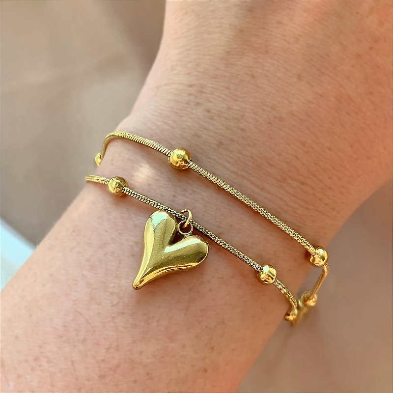 PULSEIRA RABO DE RATO FIO DUPLO BOLINHA E CORAÇÃO DOURADO AÇO 316L⭐️