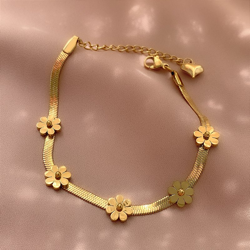 PULSEIRA FITA FINA FLORZINHAS DOURADO AÇO 316L⭐️