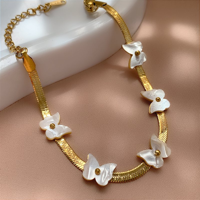 PULSEIRA FITA FINA BORBOLETAS MADREPÉROLAS DOURADO AÇO 316L⭐️