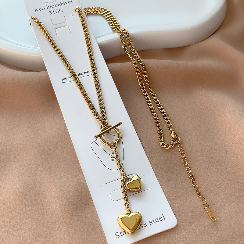 COLAR GRAVATINHA CORRENTE PINGENTE CORAÇÃO DOURADO AÇO 316L⭐️