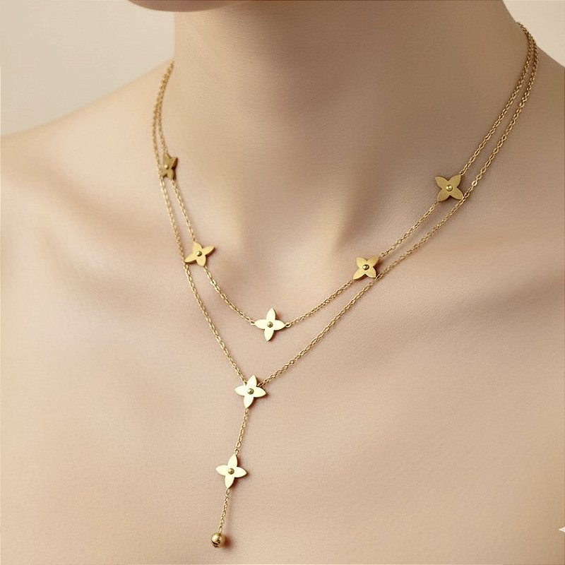 COLAR GRAVATINHA CORRENTE DUPLA TREVOS LISOS DOURADO AÇO 316L⭐️