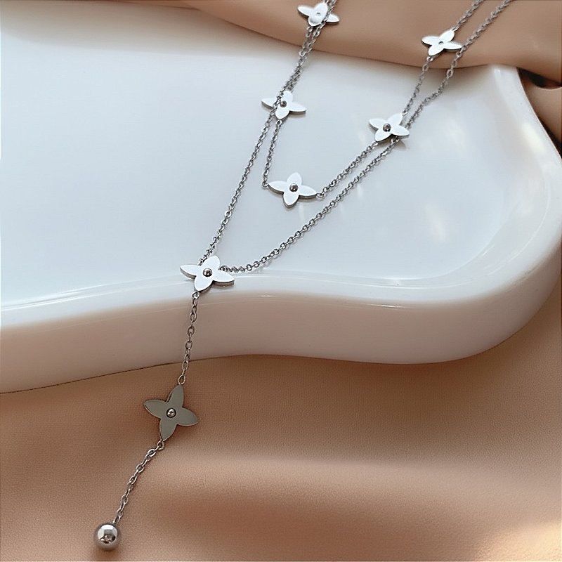 COLAR GRAVATINHA CORRENTE DUPLA TREVOS LISOS AÇO 316L⭐️